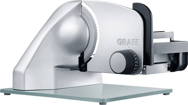 Metallskärmaskin från Graef med silver hölje och justerbar skärreglage på ett glasunderlag.