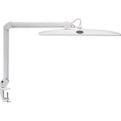 En vit arbetslampa med lång, justerbar arm och klämfäste för bordskantsmontering, designad för flexibel belysning.