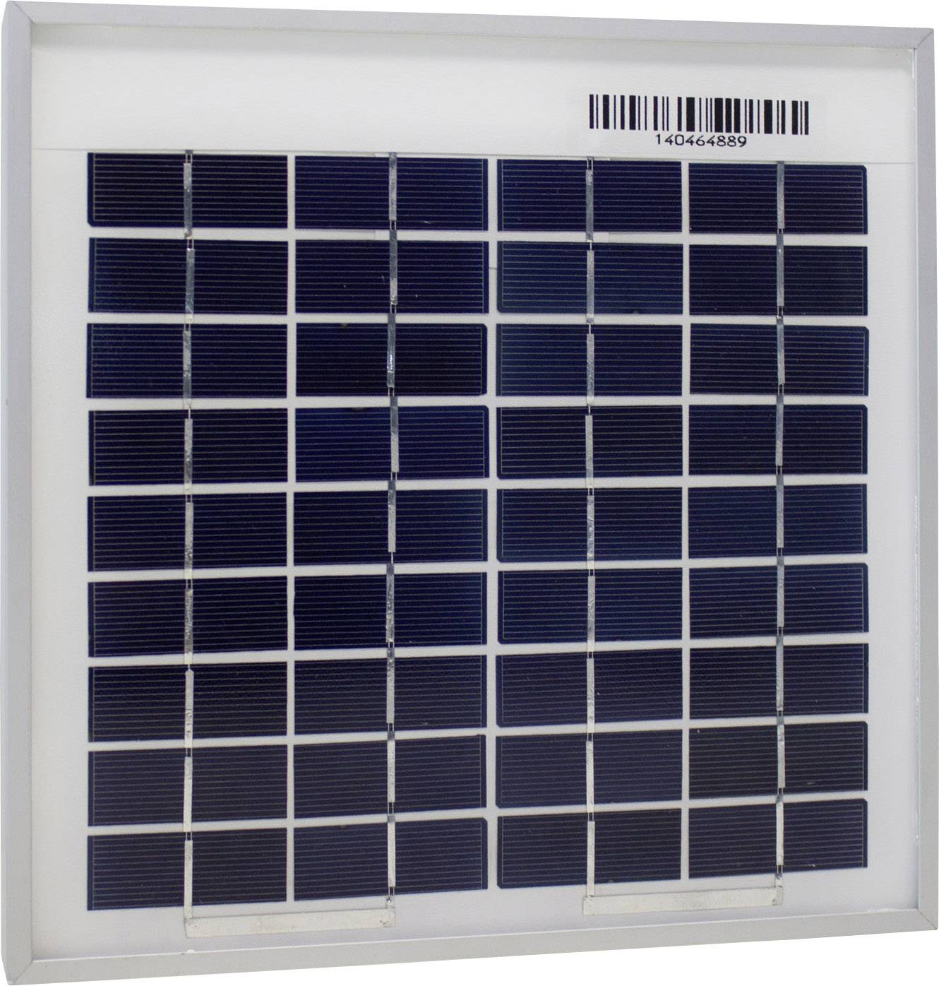 En rektangulär solpanel med flera små, mörkblå fotovoltaiska celler i en vit ram, streckkod längst upp till höger.