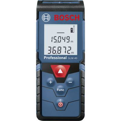 Bosch GLM 40 lasermätare visar mätningar på 15,049 m och 36,872 m på displayen.