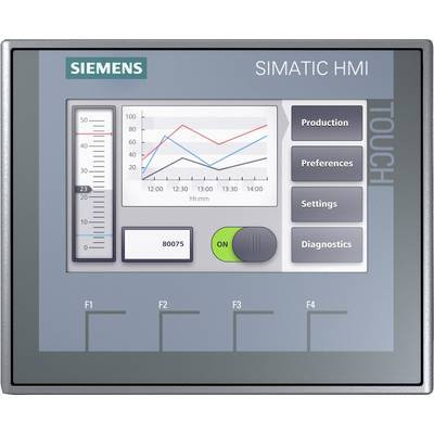 Siemens SIMATIC HMI-skärm med grafer, omkopplare och menyalternativ: Produktion, Preferenser, Inställningar, Diagnostik.