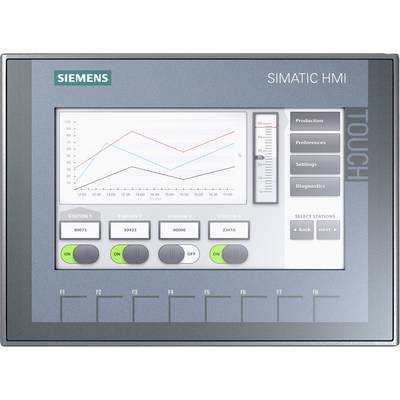 Siemens Simatic HMI-pekskärm visar ett linjediagram med produktionsdata, knappar för stationer och menyalternativ som 'Produktion'.