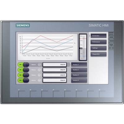 Siemens Simatic HMI-display med ett diagram som visar produktionsdata från 10:00 till 18:00, och styrningsalternativ till höger.