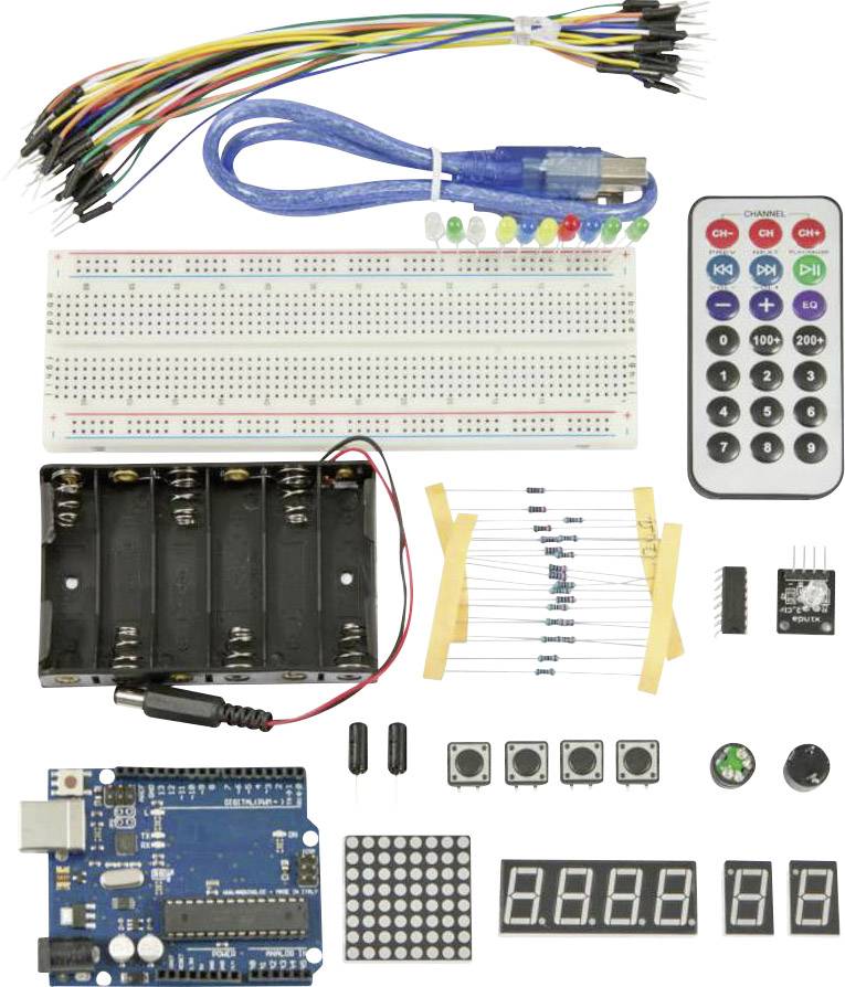 En Arduino-set med kopplingsbräde, kablar, LED-displayer, infraröd fjärrkontroll, knappar, batterifack, sensorer och kablar.