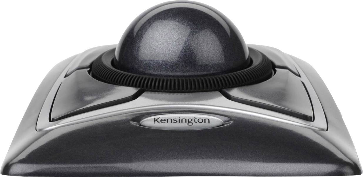En grå trackball-mus från Kensington med fyra knappar runt kulan.