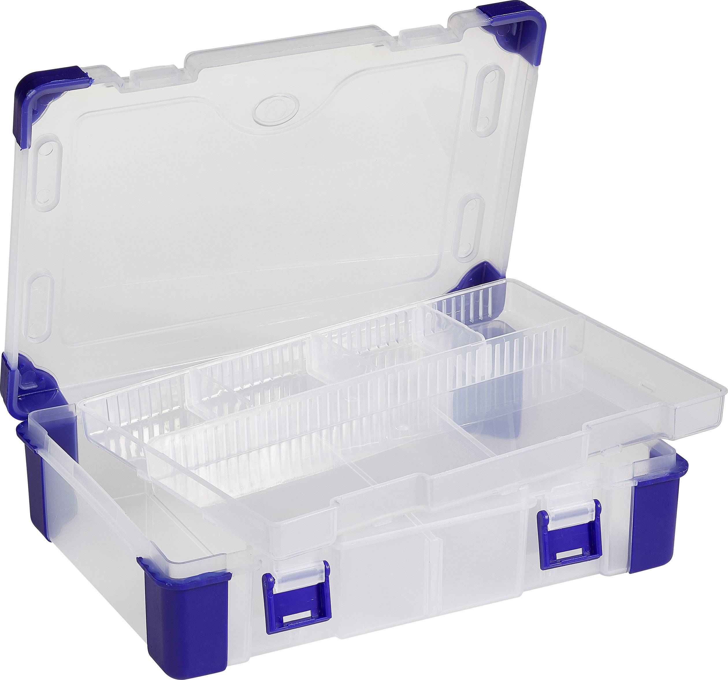 Plastförvaringslåda öppnad, blå och transparent, med flera fack för organisering av smådetaljer.