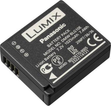 Svart Panasonic Lumix kamerabatteri med modellnummer DMW-BLG10E. Litiumjonbatteri, 7,2V, 1025mAh, 7,4Wh.