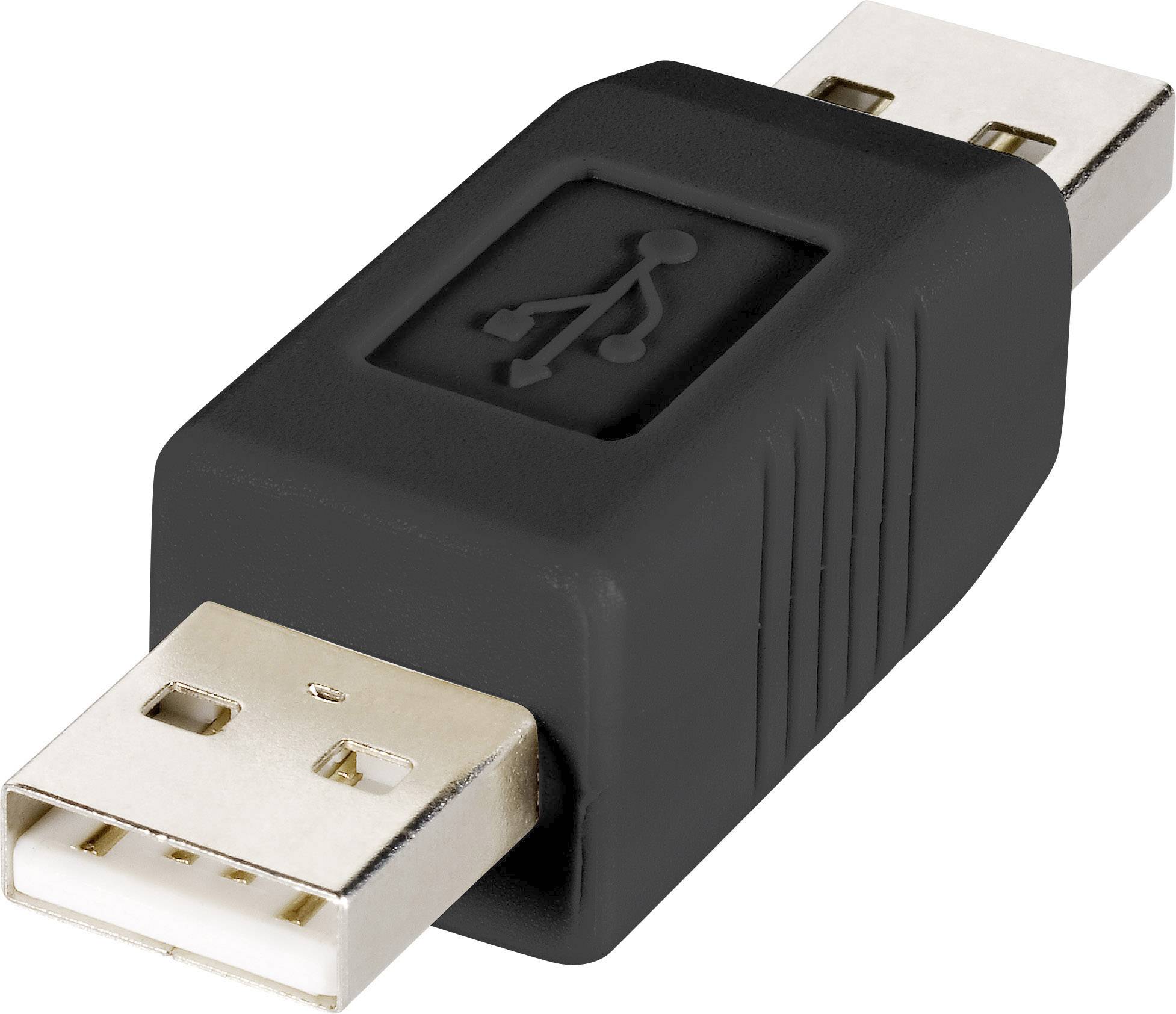 Svart USB-adapter med två USB-A-kontakter, placerade till vänster och höger. Ovansidan visar USB-symbolen.