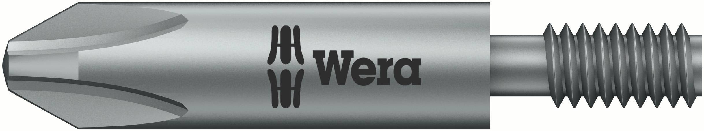 Ett borrhuvud med Wera-logotyp som visar änden av en metallborr med gänga och vass spets, lämplig för precisionsborrar.