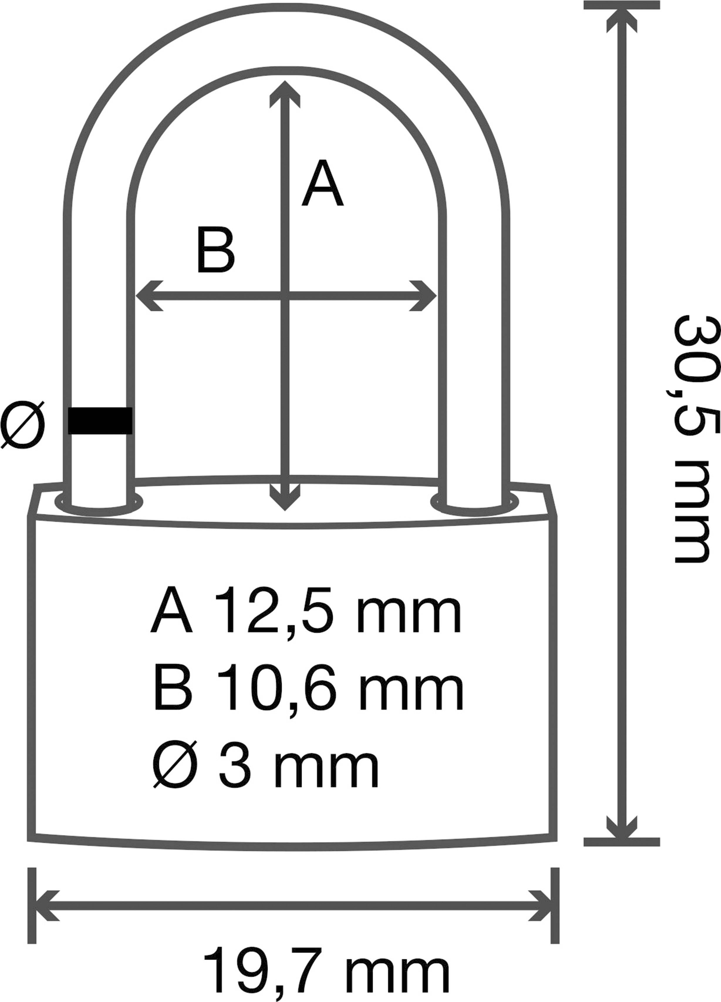 Illustration av ett hänglås med måttangivelser: A 12,5 mm, B 10,6 mm, diameter 3 mm, höjd 30,5 mm, bredd 19,7 mm.