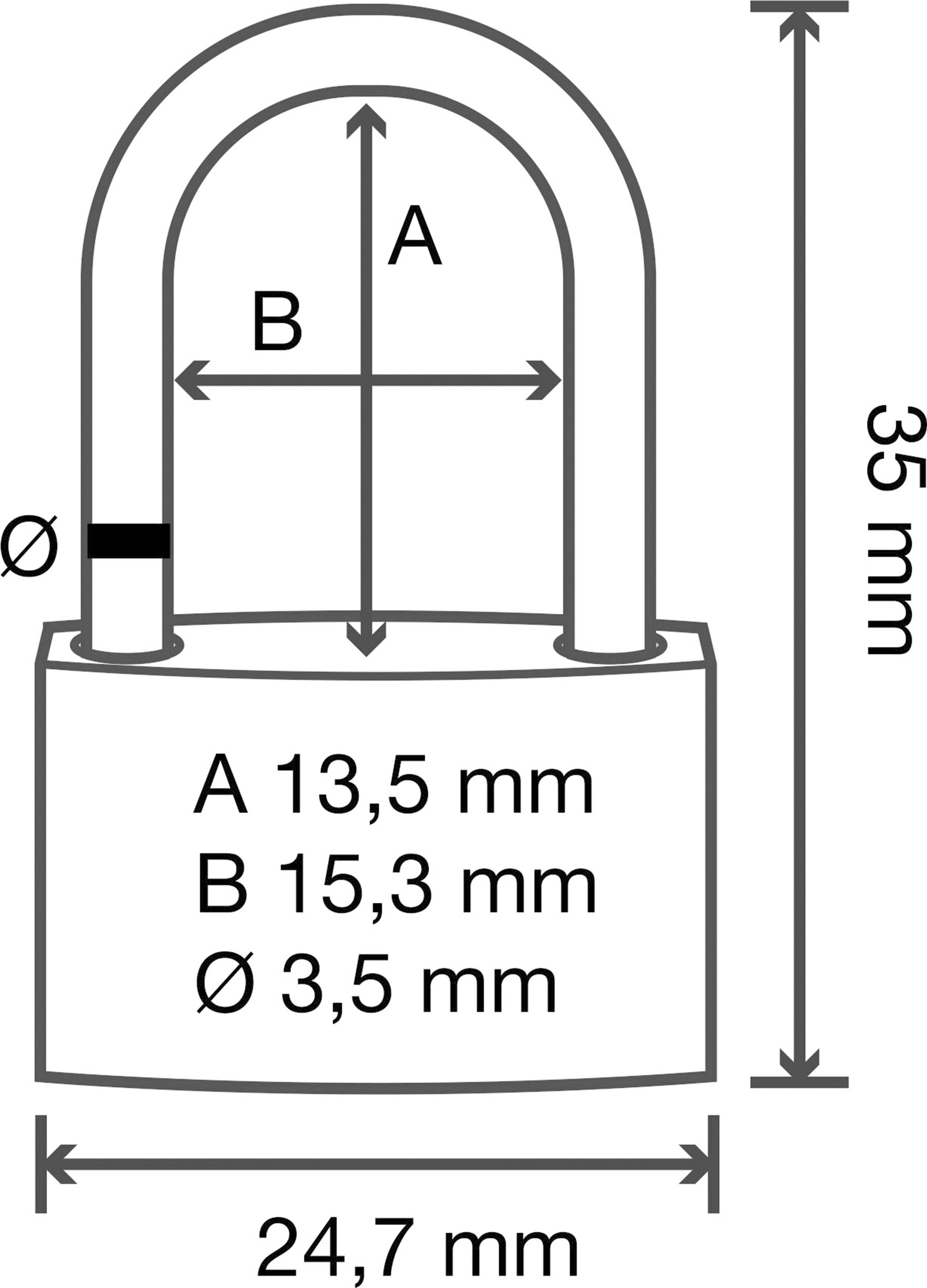 Låsdiagram med mått: Total höjd 35 mm, bredd 24,7 mm, bygelldiameter 3,5 mm, bygelhöjd 13,5 mm, bygel bredd 15,3 mm.