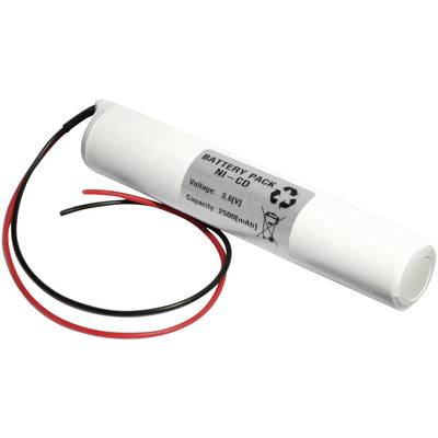 Ett cylindriskt batterpaket märkt 'BATTERY PACK NI-CD', spänning 3,6V, kapacitet 2500mAh, med röda och svarta kablar.