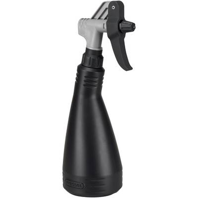 En svart plastsprayflaska med grå sprutnabb, lämplig för trädgårdsarbete eller rengöringsändamål.