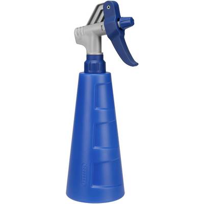 En blå sprayflaska med grå och blå spraytopp, lämplig för att spraya vätskor.