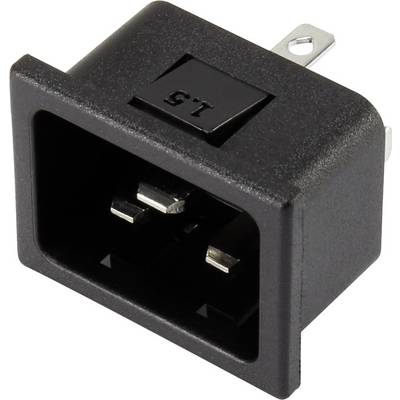 Svart IEC-nätadapter med sidledes anslutningsstift, lämplig för strömförsörjning i elektroniska enheter.