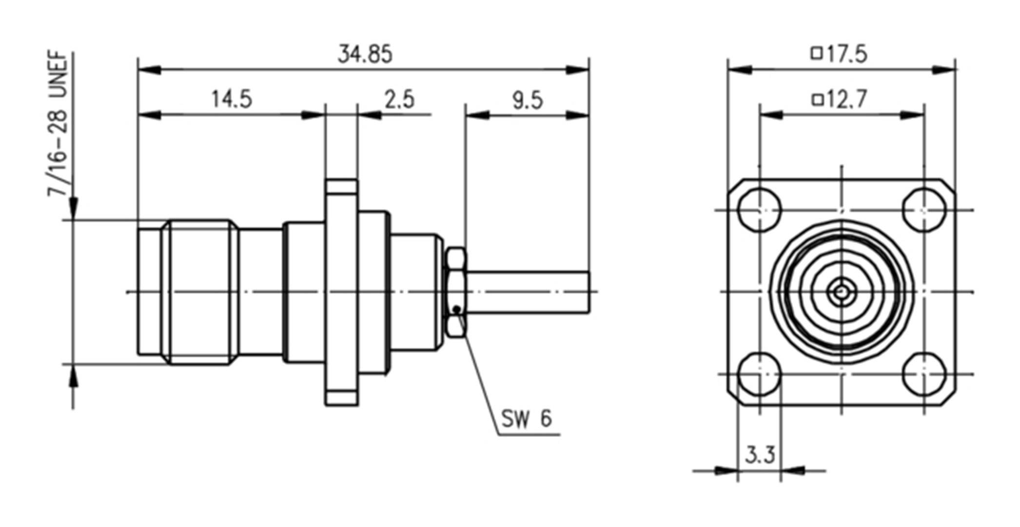 Teknisk ritning av en kontakt med måttangivelser. Sido- och frontvy, dimensioner i millimeter, gänga 7/16-28 UNEF.