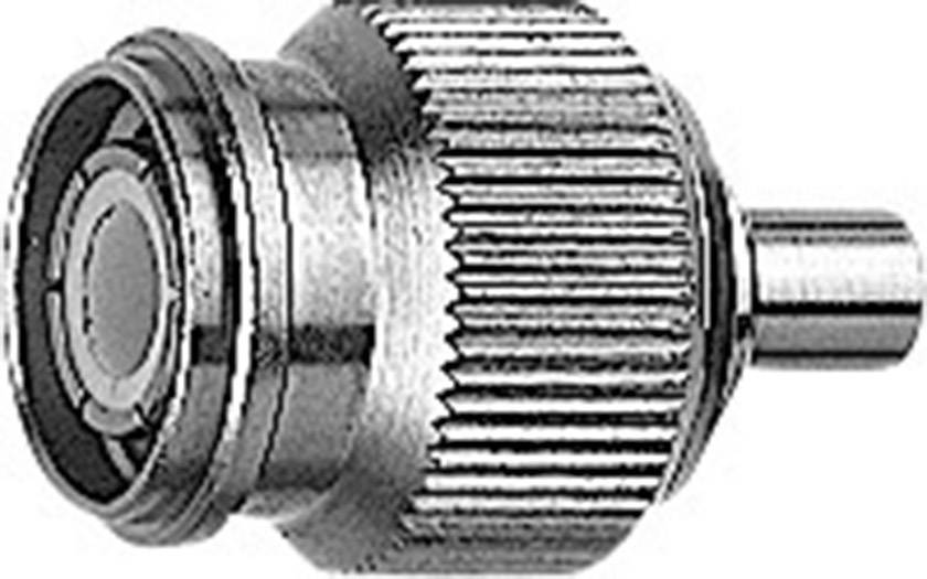 Metalladapter med räfflat handtag och cylindrisk anslutning, möjligen en koaxialkontakt för kabelanslutningar.