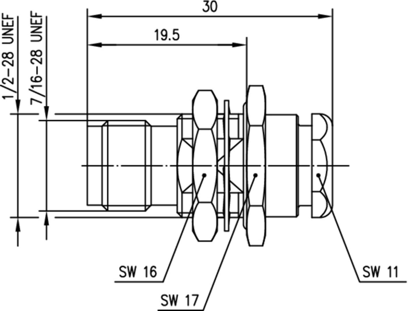 Teknisk ritning av en cylindrisk adapter med gängor och måttenheter i millimeter.