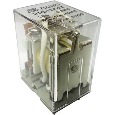 Ett rektangulärt relä märkt 'TIANBO HJQ-13F 2Z', lämpligt för 10A/240VAC, 10A/30VDC-tillämpningar. Transparent lock.