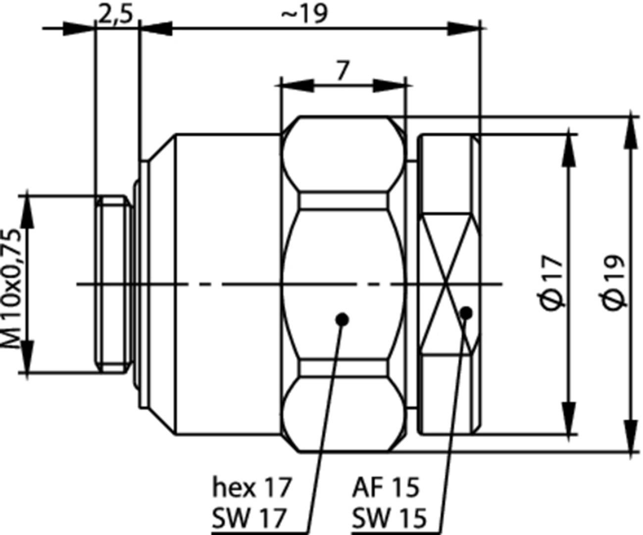 Teknisk ritning av en cylindrisk komponent med dimensioner och gänggdetaljer. Mått: Ø19, Ø17, M10x0,75, längd ca 19 mm.