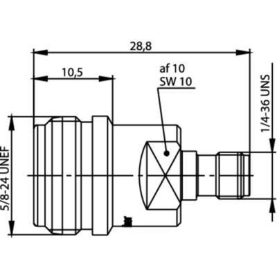 Teknisk ritning av en anslutning med dimensioner: Längd 28,8 mm, ytterdiameter 10,5 mm, gänga 5/8-24 UNEF och 1/4-36 UNS.
