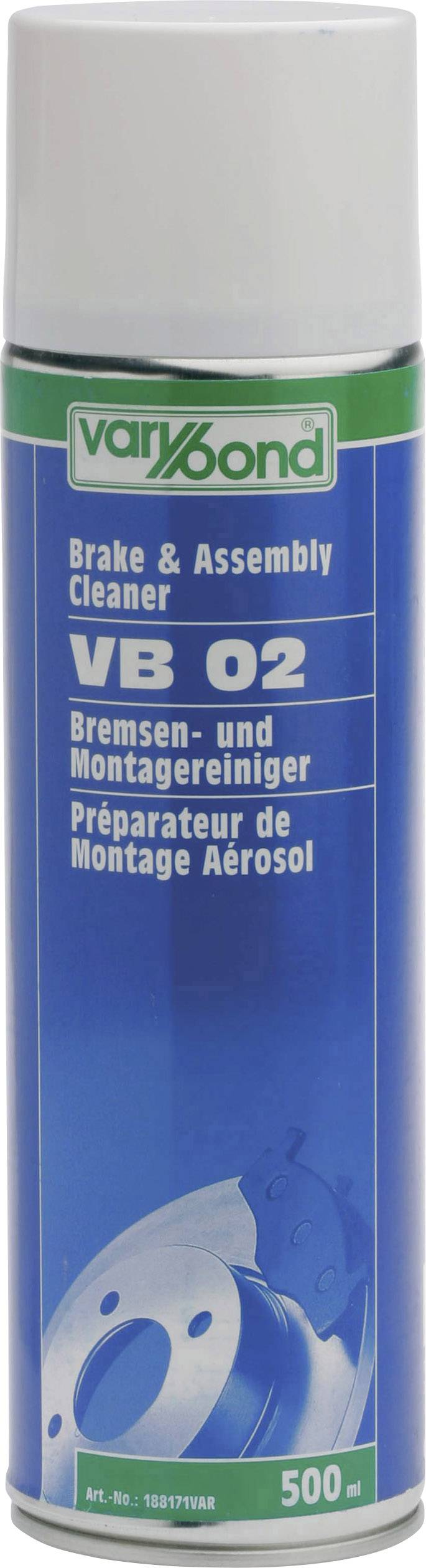 Sprayburk märkt 'varibond VB 02 Brake & Assembly Cleaner'. Lämplig för rengöring av bromsar och vid montering. Innehåll: 500 ml.