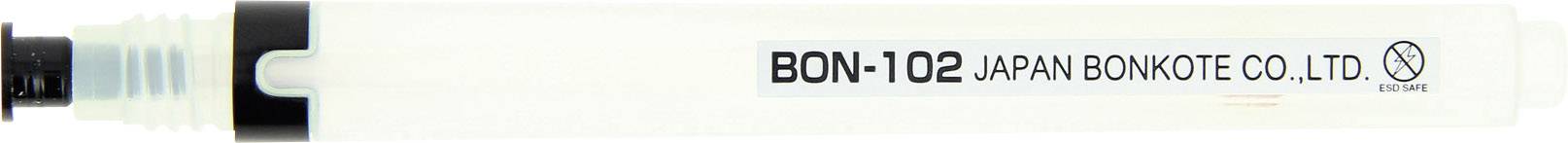 Vit penna med texten 'BON-102 JAPAN BONKOTE CO., LTD'. Del av ordern: fin spets, svart handtag.