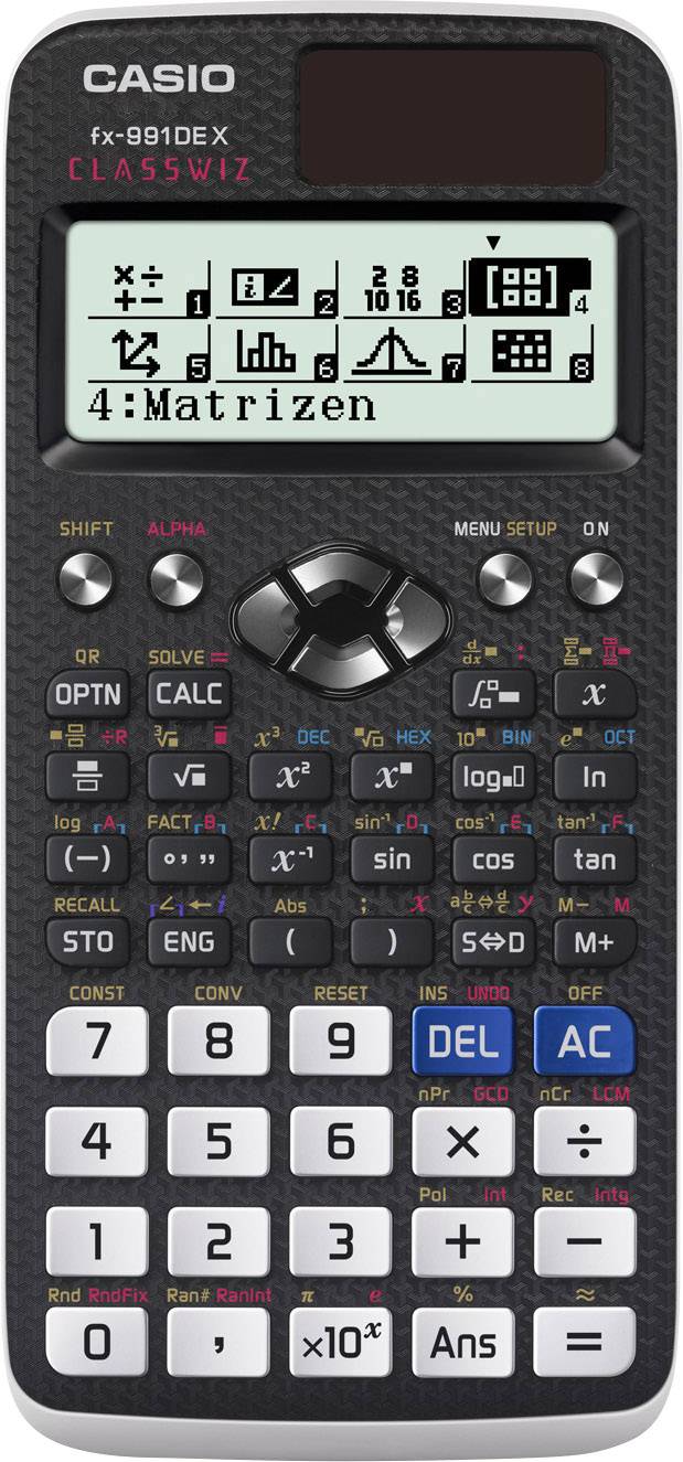 Elektronisk fickräknare med många knappar och en digital skärm som visar '4: Matriser'.