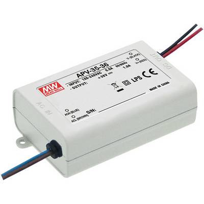 Rektangulärt elektriskt apparatdel med tryckta specifikationer: Modell 'APV-35-36', ingång '100-240V', utgång '36V', tillverkad i Kina.
