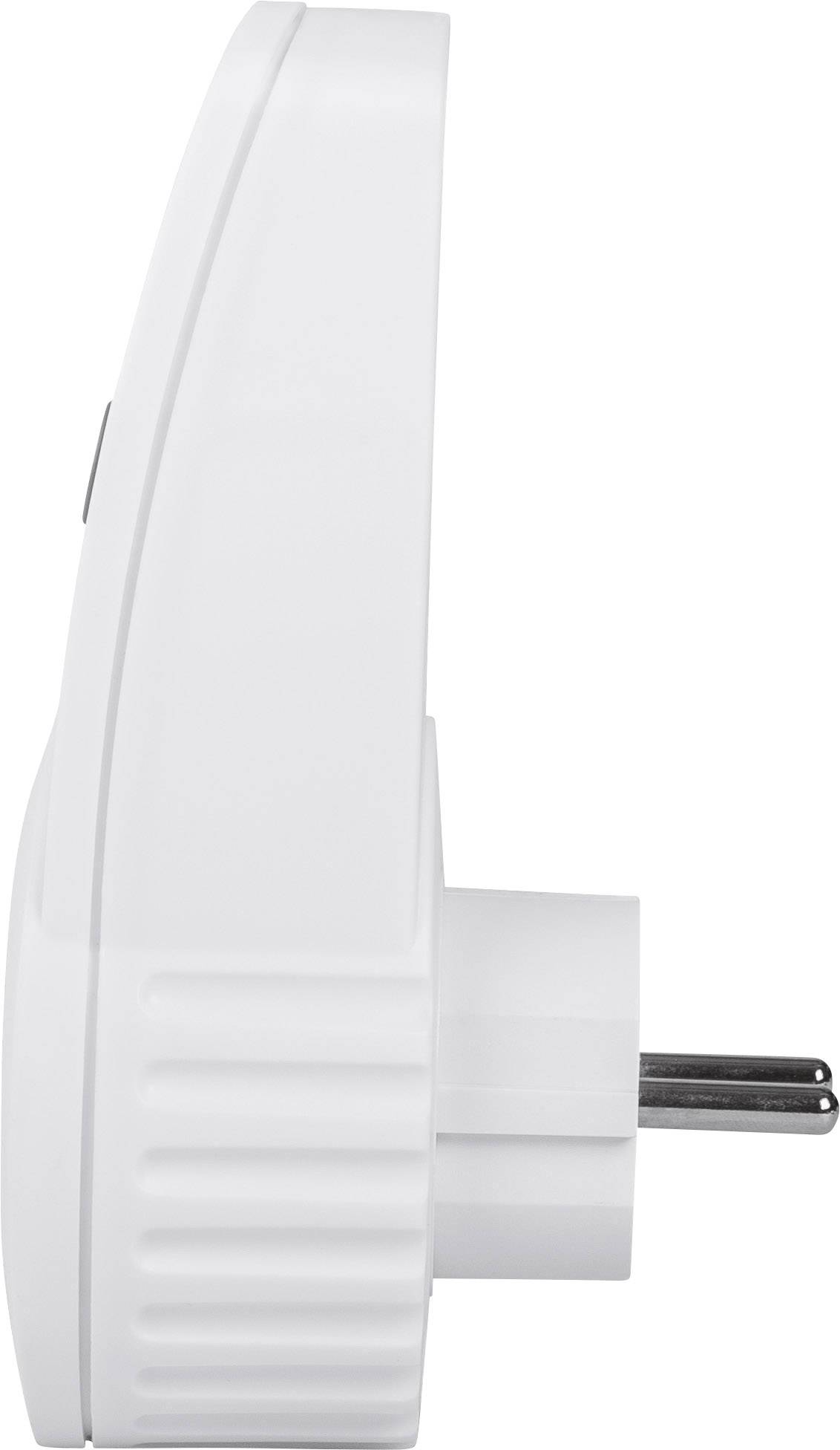 En WiFi-kontakt sedd från sidan, visar kontaktpunkterna och höljets design. Vit, kompakt, för smart hemautomation.
