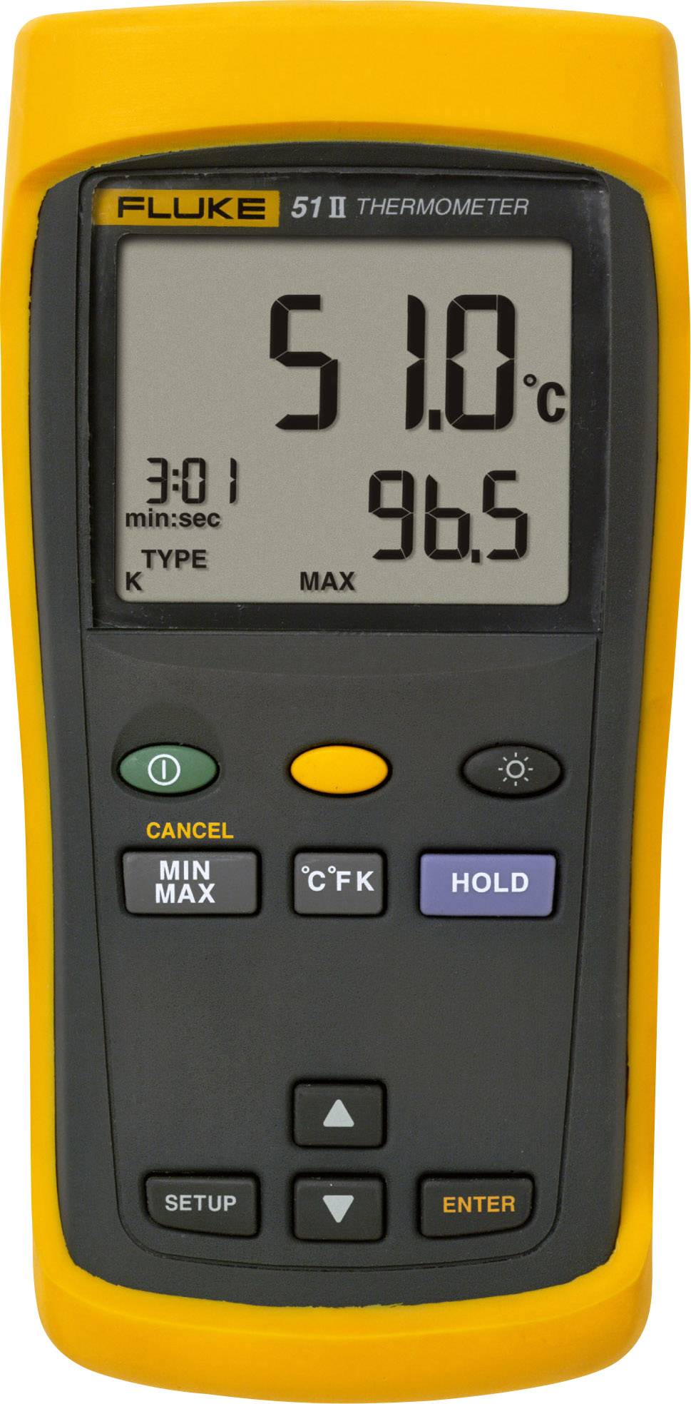 Digitalt termometer visar 51,0°C och 96,5 på displayen. Det har knappar för inställningar och funktioner som 'MIN MAX' och 'HOLD'.