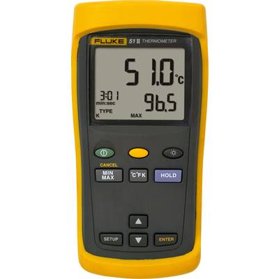 Digitalt termometer visar 51,0°C och 96,5 på displayen. Det har knappar för inställningar och funktioner som 'MIN MAX' och 'HOLD'.