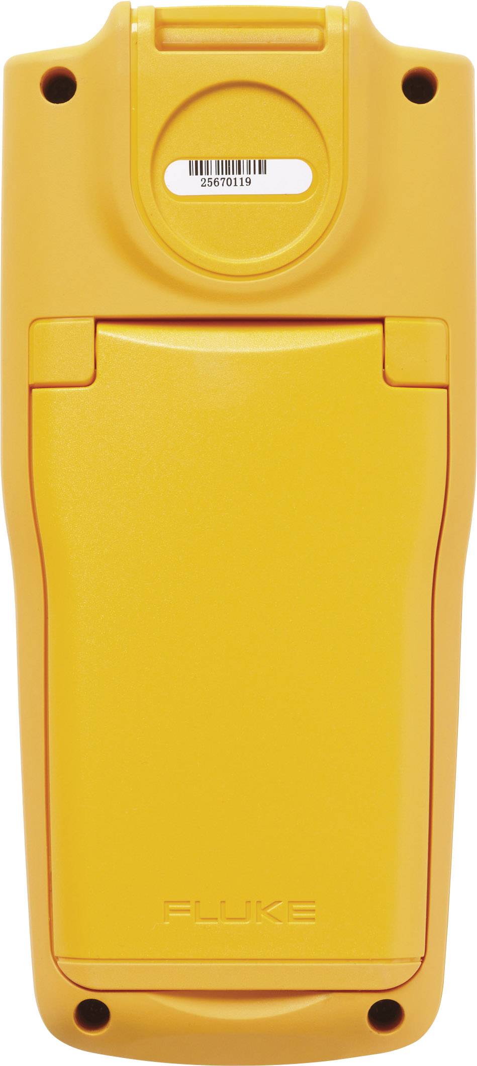 En gul bärbar elektronisk mätapparat sedd bakifrån, med ett vikbart stöd och ett serienummer högst upp.