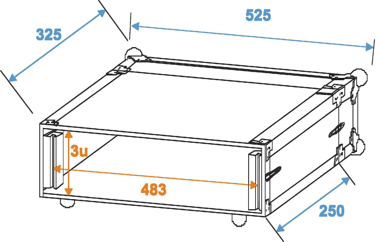 Diagram över ett rektangulärt hölje med dimensionerna: bredd 525, djup 325, höjd 250 mm. Frontöppning märkt med '3u' och '483' mm.