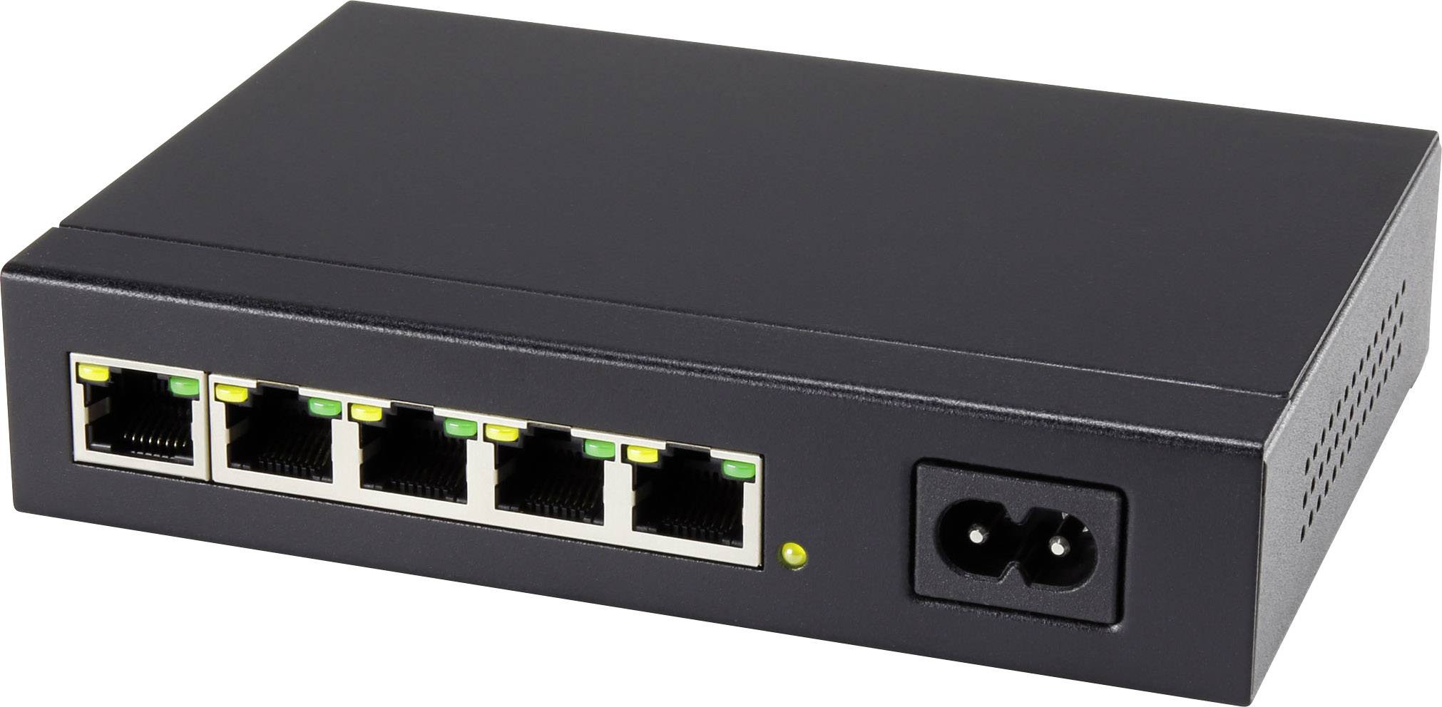 En svart nätverksswitch med fem Ethernet-portar och en strömkontakt.