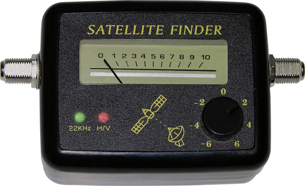 En satellitsökare med ett signalstyrkevisningsfält från 0 till 10, ett vred och LED-indikatorer för 22 kHz och H/V.