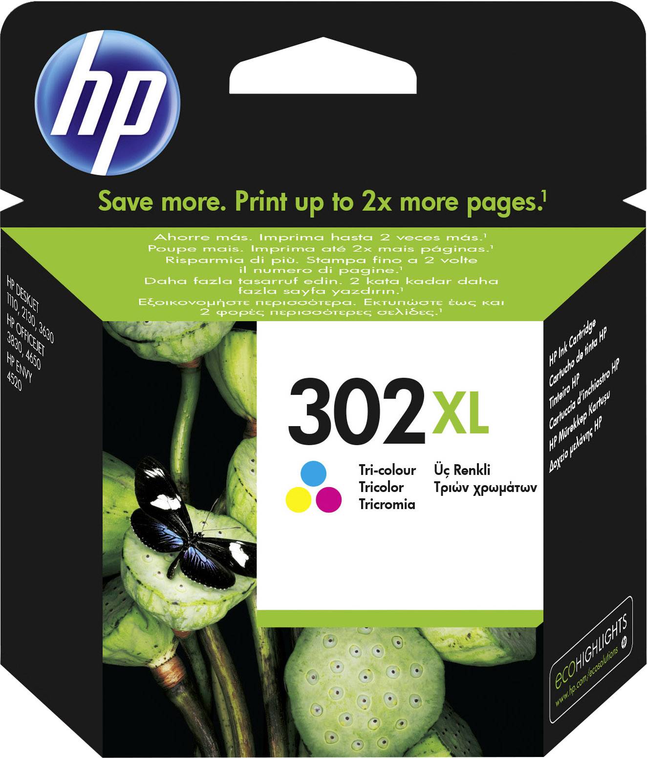 'HP 302XL färgpatron. Förpackningen visar besparingsmöjligheter: Skriv ut upp till dubbelt så många sidor.'