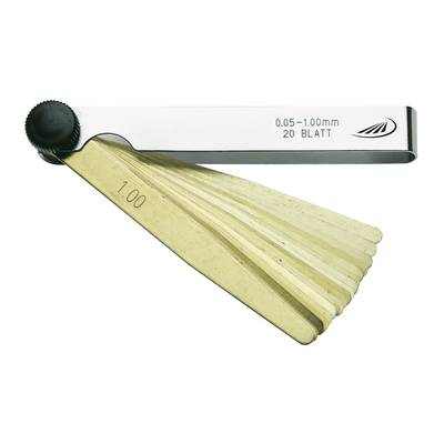Bladmätare med märkta metallblad från 0,05 till 1,00 mm för mätning av spalters bredd, innehåller 20 blad.
