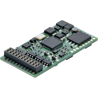 Närbild av ett grönt kretskort med olika elektroniska komponenter, inklusive chips och anslutningar.