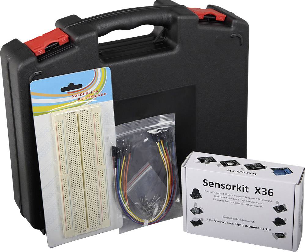 Ett sensorkit X36 bestående av en svart väska, ett kopplingsbräde, kablar och en låda med sensorer, lämpligt för elektronikprojekt.