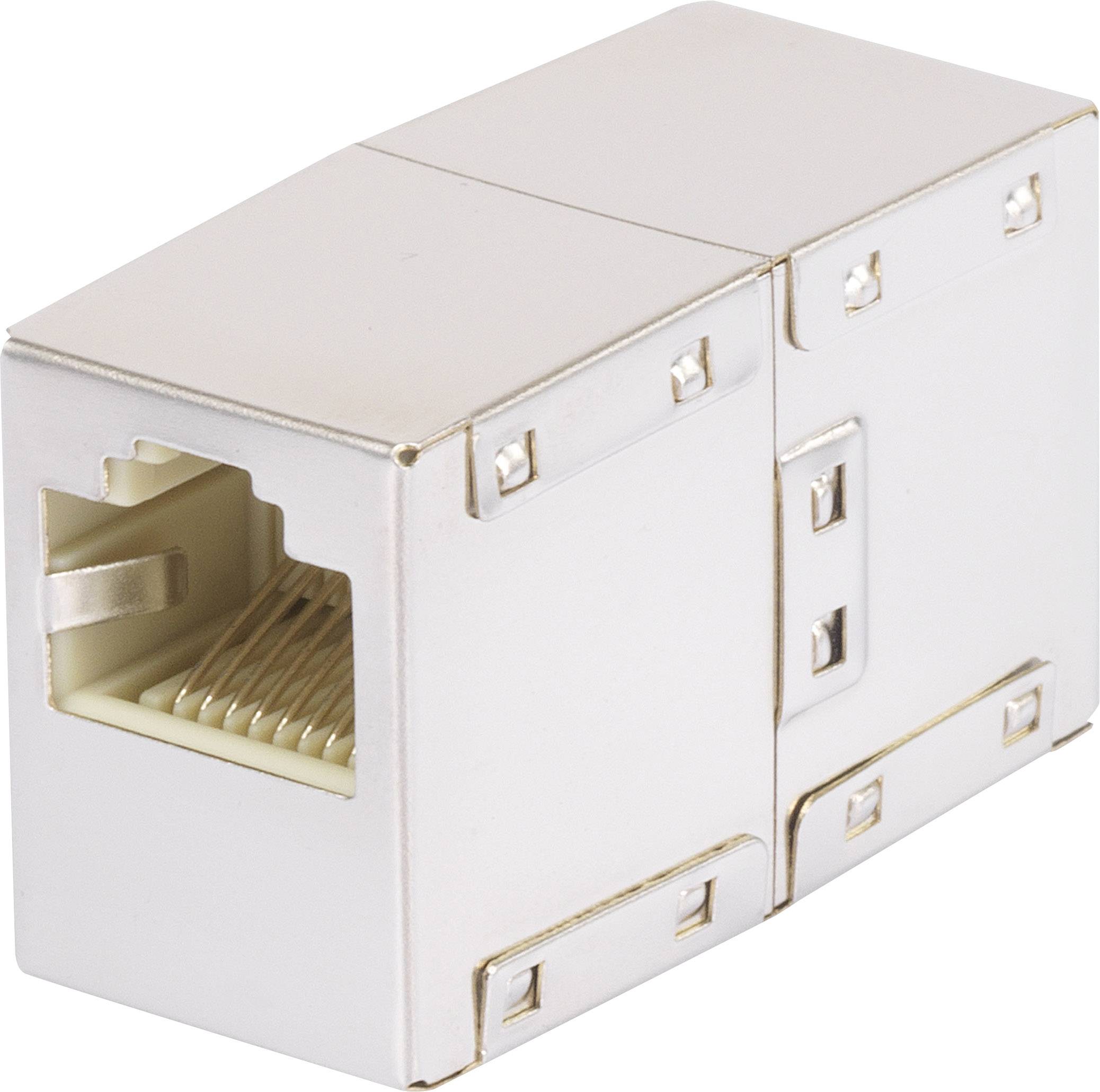 Metallisk RJ45-nätverkskontakt för anslutning av Ethernet-kablar, visar uttaget och den yttre skärmningen.