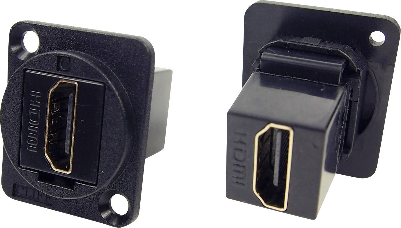 Två svarta HDMI-uttag med rektangulär form och fästhål, ett visar framsidan, det andra baksidan.