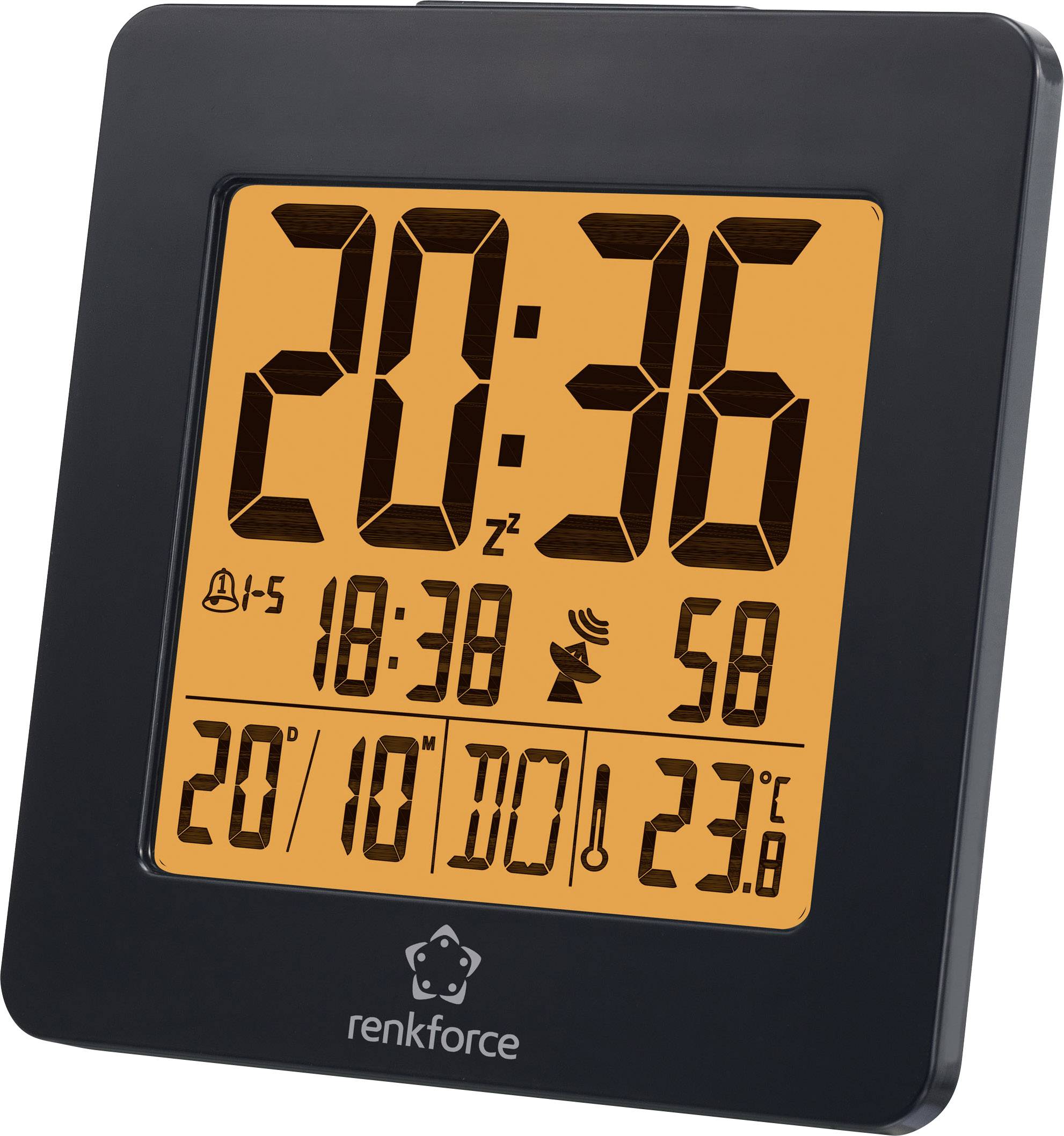 Digital väderstation med stor display visar tiden 20:36, datum, väckarklocka, radiosignal, luftfuktighet 58% och inomhus-/utomhustemperatur.