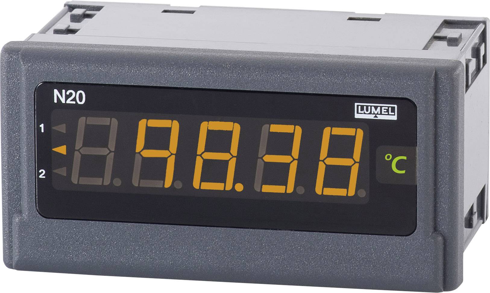 Elektronisk displayenhet med digital visning '99.99' i gula siffror och '°C'-symbol, tillverkarlogotyp 'Lumel', modell 'N20'.