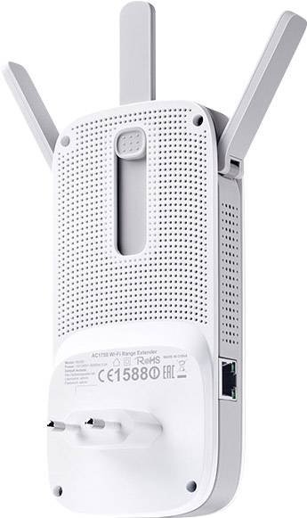 En vit WLAN-repeater med tre antenner. Den har en nätadapter och ett nätverksgränssnitt nedtill. Lämplig för signalförstärkning.