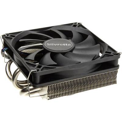 Svart CPU-kylare med fläkt och värmeavledande rör, märkt med 'Silvretta'. Optimerad för effektiv värmeavledning i datorer.
