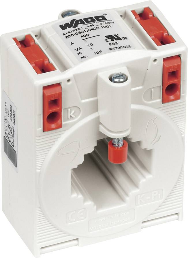 En vit elektrisk WAGO-anslutningsblock med flera skruvkontakter och röda ingångar för inkoppling.