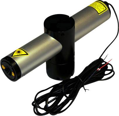 Enhet för lasermuskontroll, cylinderformad med gul varningsskylt. Kabel för strömförsörjning i förgrunden.