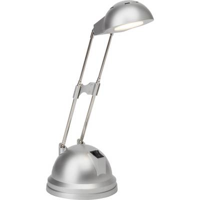 Silverfärgad, justerbar bordslampa med svängbart huvud och stadig, rund bas, påslagen.