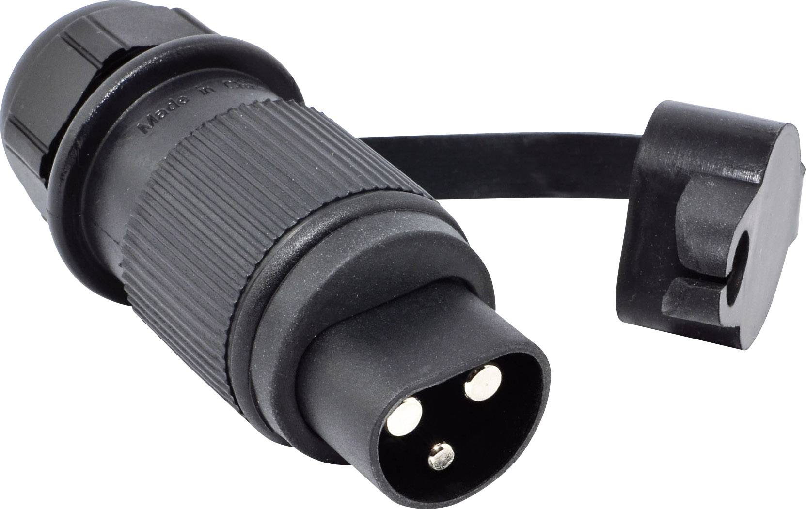 En svart, trepolig elektrisk kontakt med skyddshölje, fäst vid en kabel.